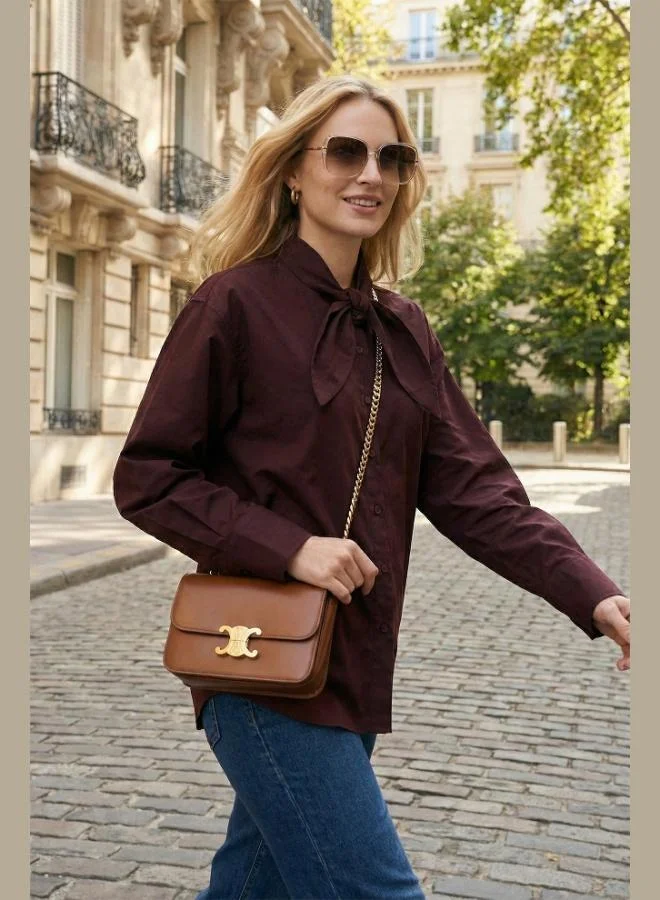 ليلا قميص نسائي بياقة بفيونكة من قطن ليلا بقصة مريحة